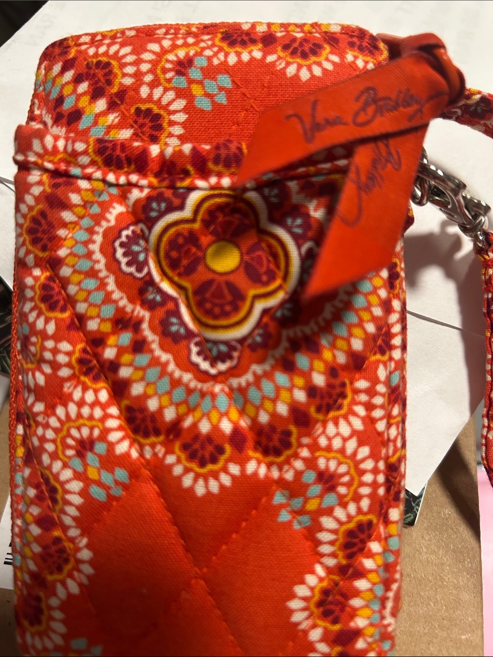 Vera Bradley Orange Quilted Mini Wristlet Black with Floral Medallions